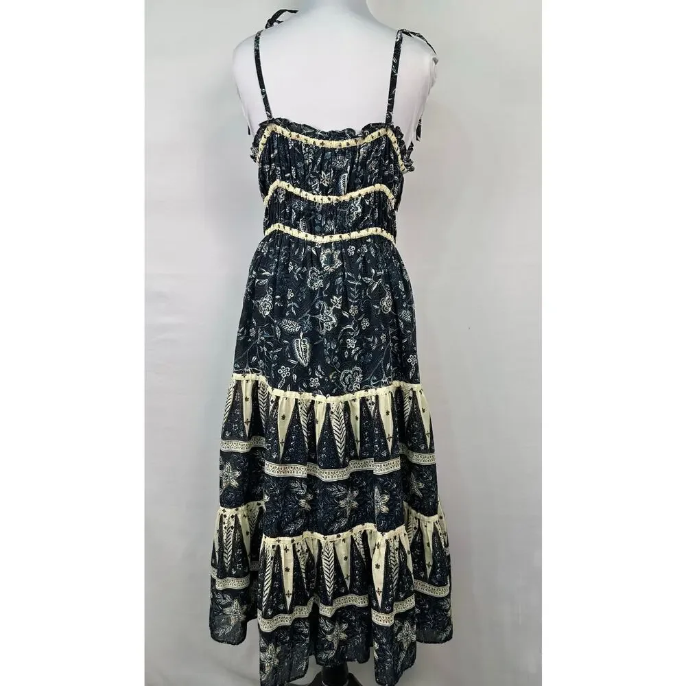 NWT Christian Lacroix Floral Midi Dress Dark Blue Cream Adjustable Straps Size L - Picture 3 of 12